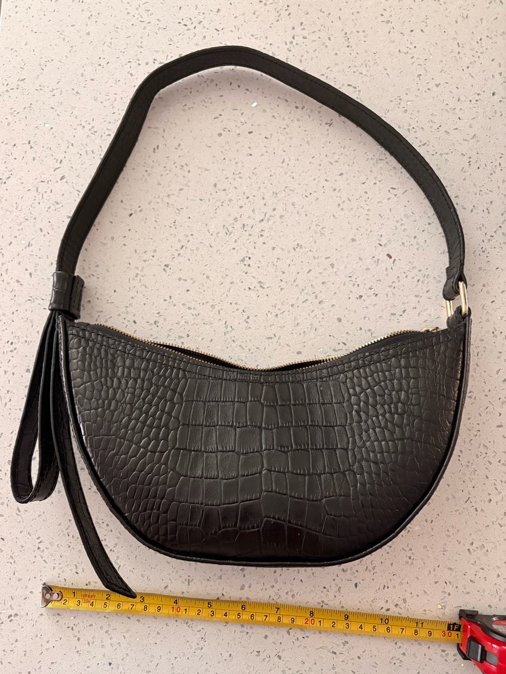Leather Croc-Embossed Black Shoulder Bag